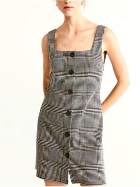 Mango Plaid Button Front Mini Dress Black Beige Size 8 NWT